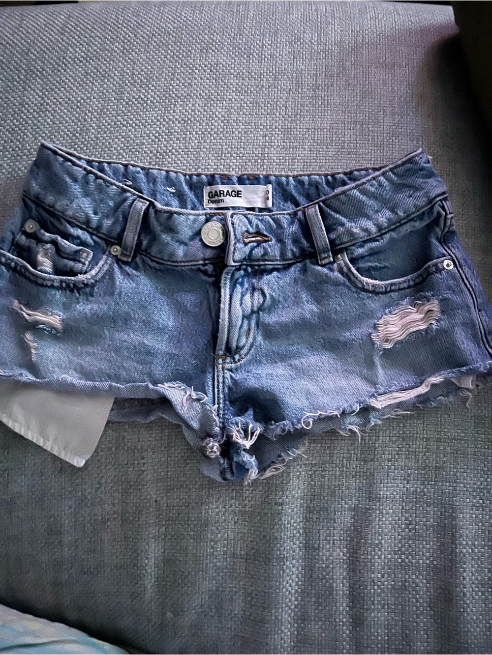 Garage Blue Distressed Low-Rise Denim Shorts